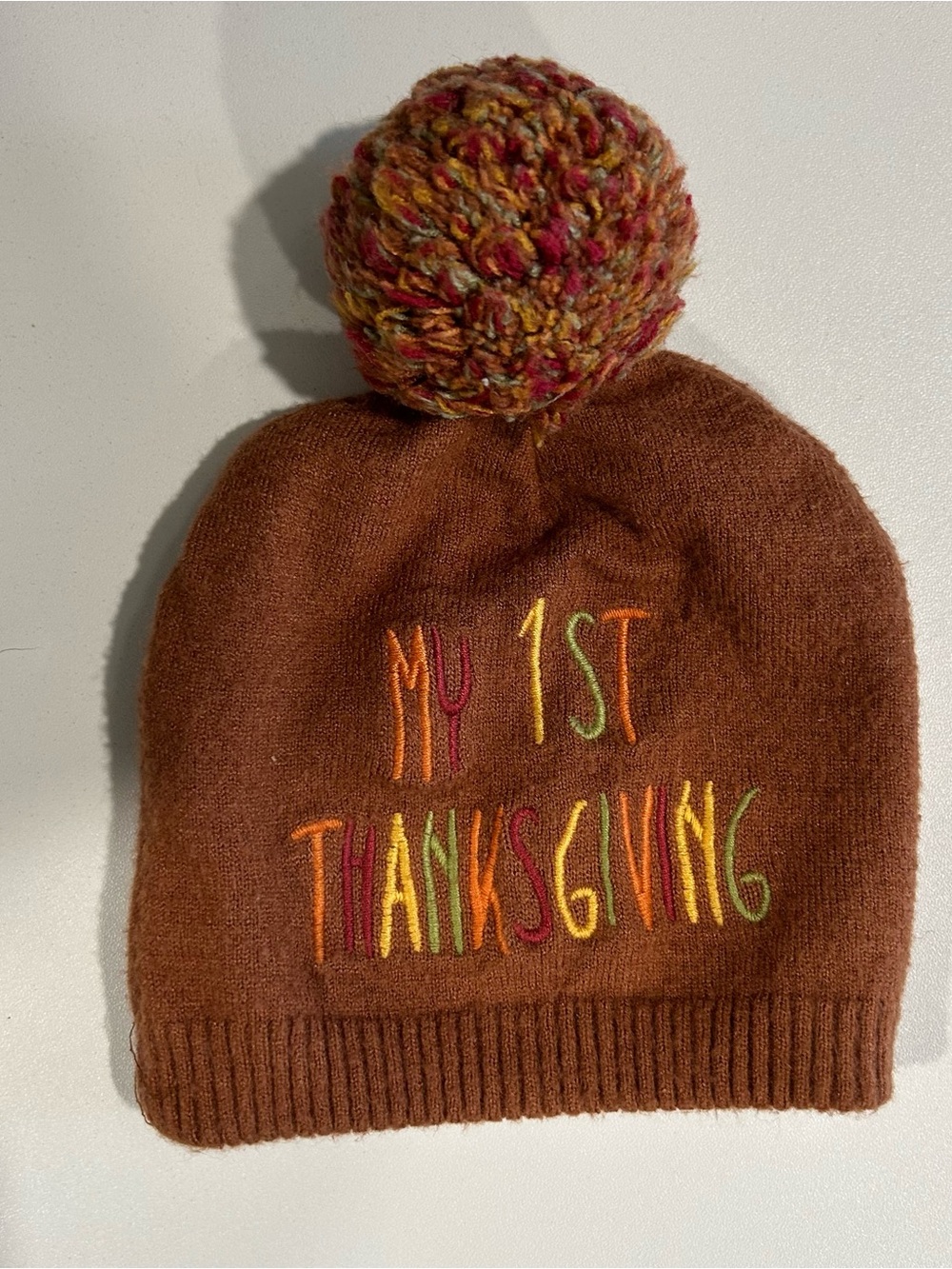 Thanksgiving Pom Pom Knit Beanie Hat “My 1st Thanksgiving” Baby Infant 0–9 Month - Picture 1 of 1
